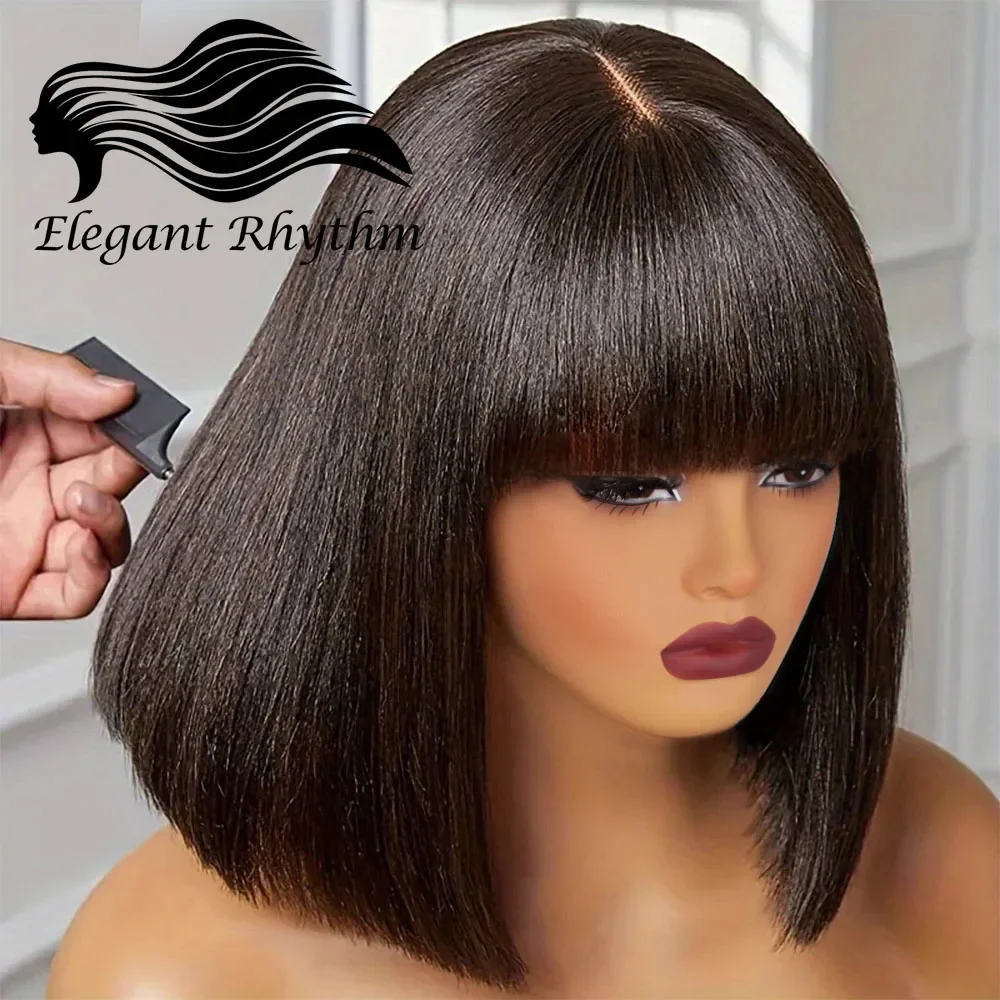 Short Bob Wig With Bangs Brazilian Remy Human Hair Wigs Full Machine Lace Realistic Scalp Glueless Straight Bob Wig With Bangs