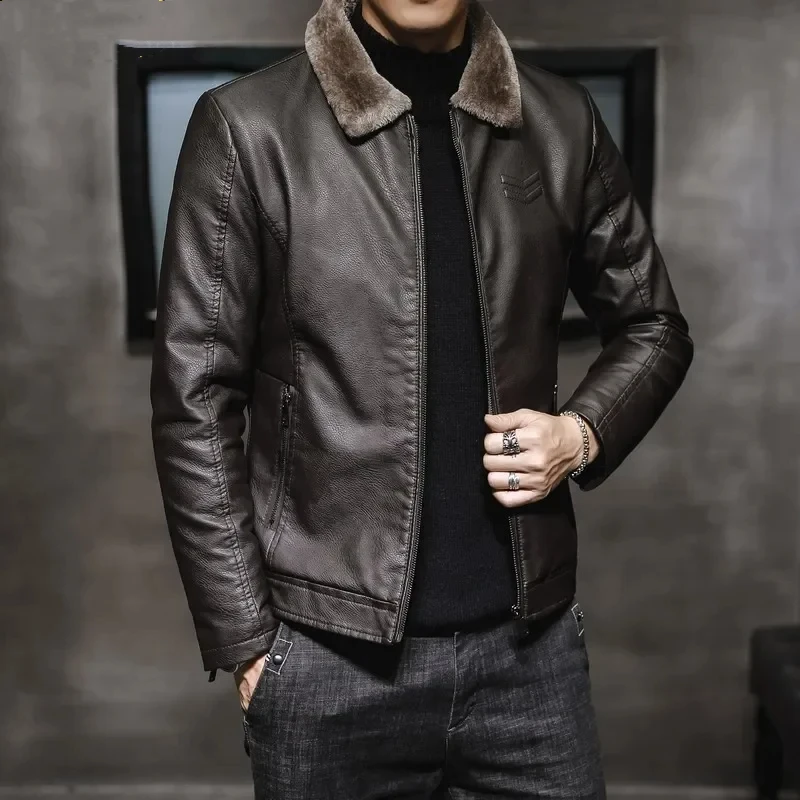 Warm Coat Brand Leather jackets Men\'s Luxury Clothing Vintage Brown Leather Jacket Men\'s Winter Faux Fur Collar Windproof