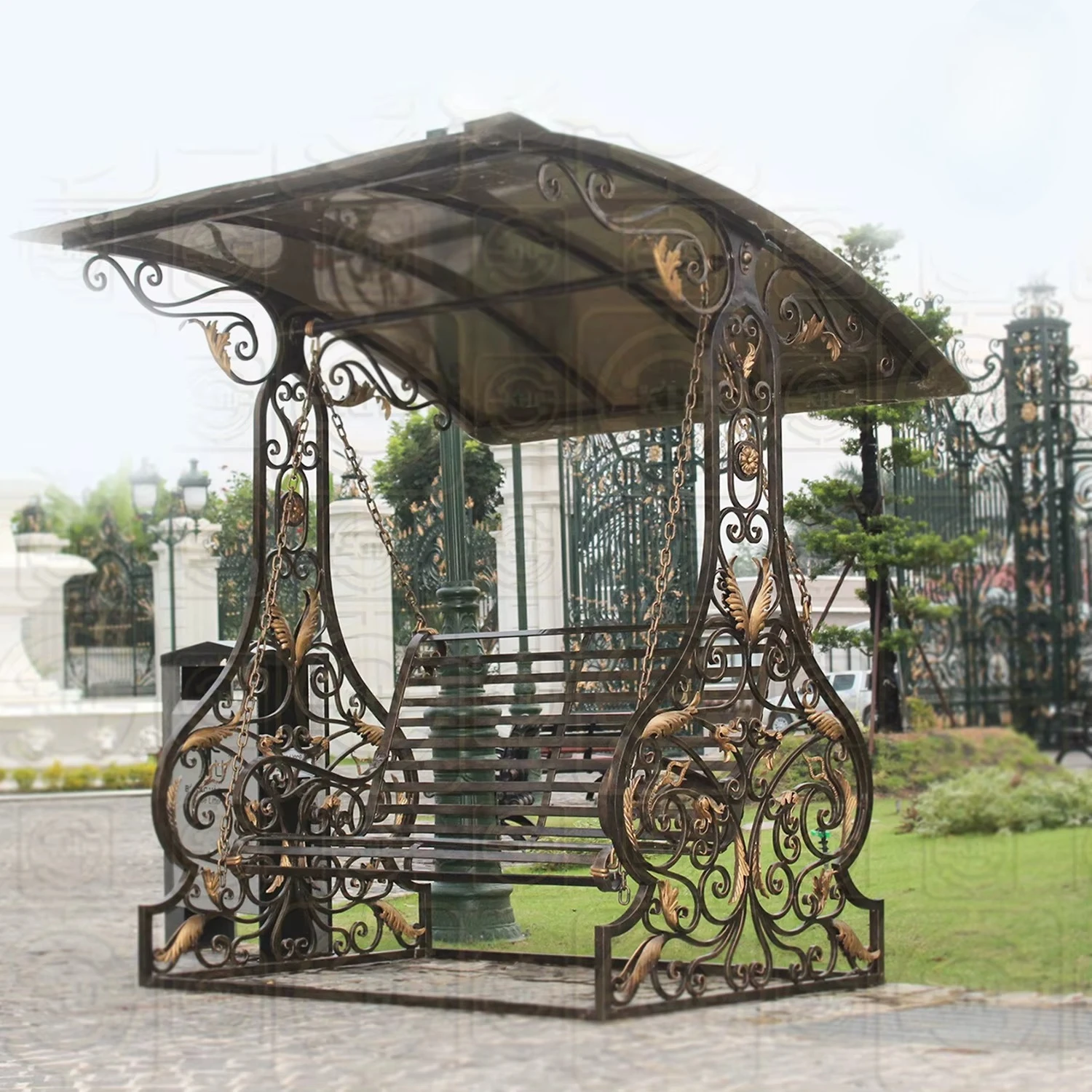 Classical hand-forged wrought iron courtyard swing chair, luxury European vine design three-seat bench