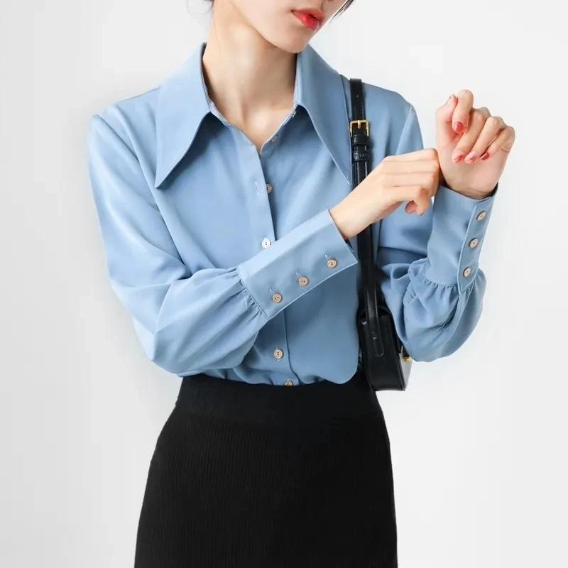 Satin Blue Shirts Women Korean Design Pointed Lapel Smooth Blouses Casual Loose Spring Camisas New Soft Tops Office Blusas 2024