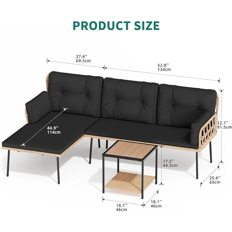 Patio Furniture Set, 3-Piece Outdoor Wicker Conversation Sectional L-Shaped Sofa with 4 Seater for Backyard, Porch