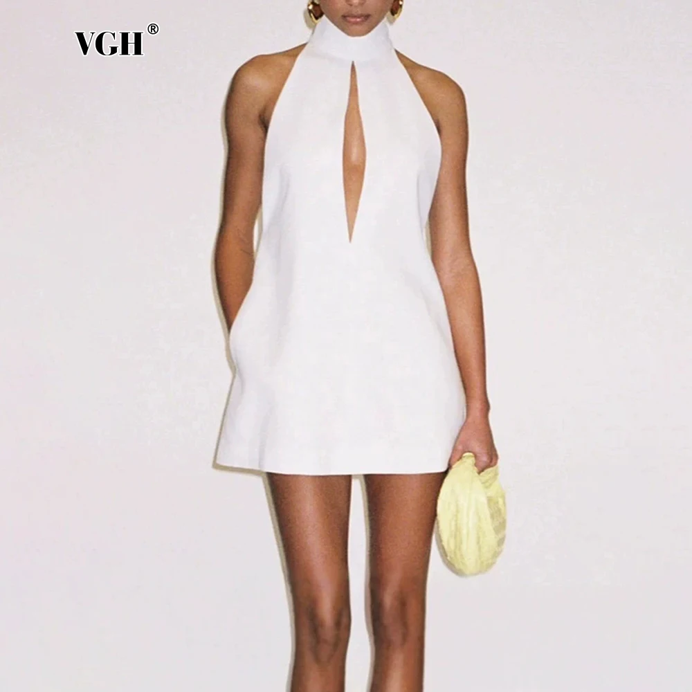 VGH Elegant Structured Summer Mini Dress for Women High Neck Halter Cutout Design Pocket Accent Sleeveless A Line Fit Party Gown