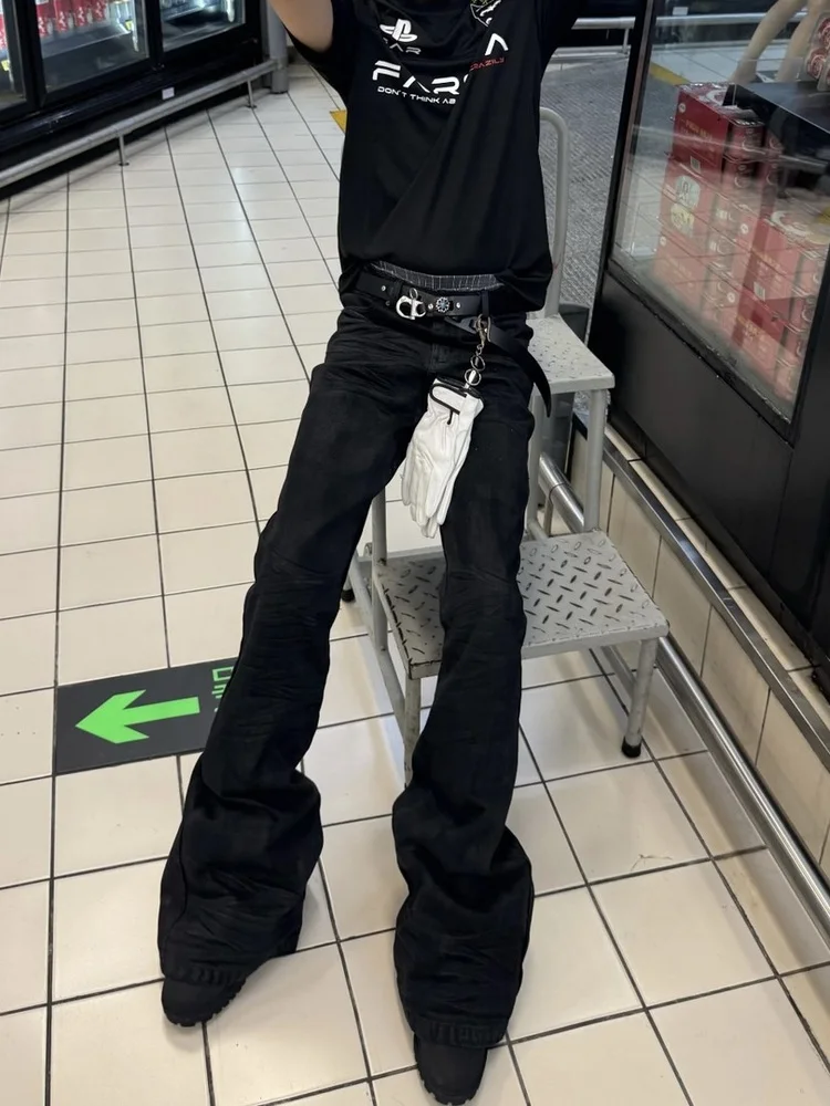 American RO Style Hand Brushed Wax Black Glue Flash Powder Coating Slim Micro Flared Floor Length Jeans Wax Pants Unisex