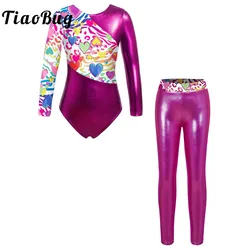 Ballet Dance Sets Kids Girls Cartoon Print Long Sleeve Athletic Gymnastics Leotard+Pants Jumpsuit Leggings Unitard Outfits