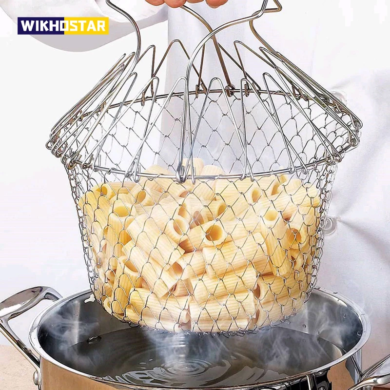 WIKHOSTAR Foldable Fry Basket Stainless Steel Steam Rinse Strain Fry French Chef Basket Strainer Net Kitchen Cooking Tools