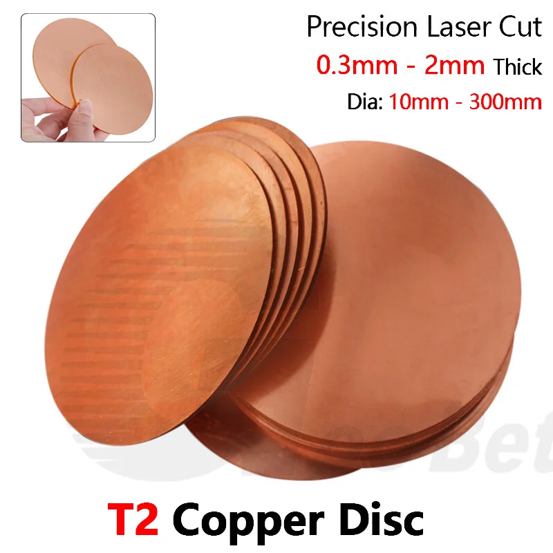 T2 Solid Pure Copper Discs Circle Blanks Thin Metal Round Sheets Plate 10-300mm Dia 0.3-2mm Thick Precision Laser Cut DIY Crafts