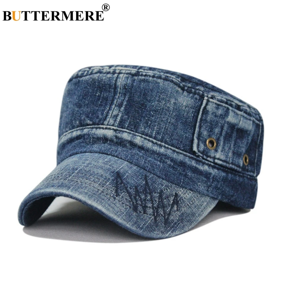 BUTTERMERE Army Hats Denim Mens Vintage Spring Summer Baker Boy Hat Male Casual Flat Top Jeans Beret Military Caps And Hats