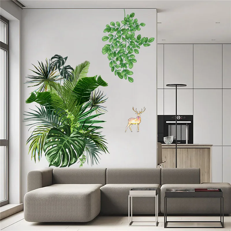 Tropical Green Plants Wall Stickers For Kids Bedroom Living Room Decoration Vinyl Wallpaper Leaves Poster Mural Decal Wall Decor