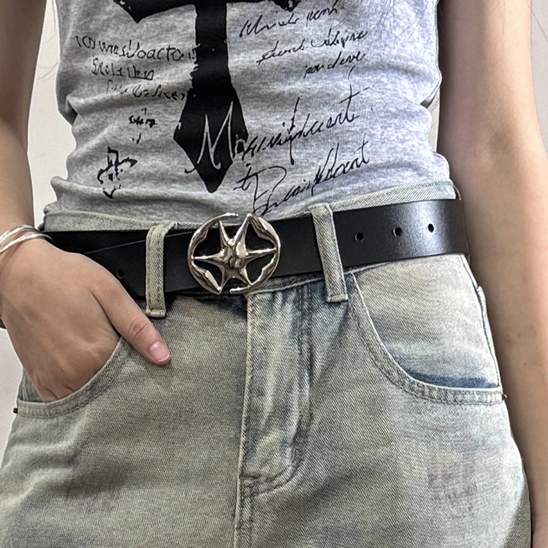 

Women Hollow Hexagram Metal Buckle Belt Y2K Gothic Punk Genuine Leather Waistband Trendy Decorative Waist Belt For Jeans Shorts Dresses Streetwear Ladies Fashion Accessories