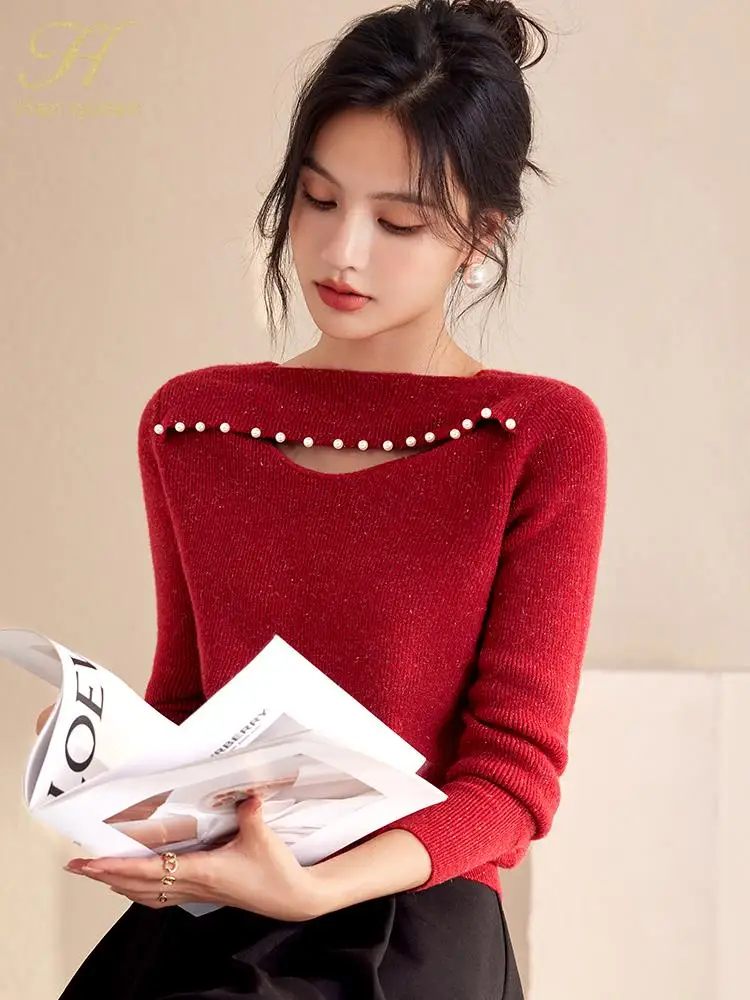 H Han Queen Simple Winter Elegant Hollow Out Beading Pullovers Sweaters Womens New Korean Loose Casual Vintage Office Tops