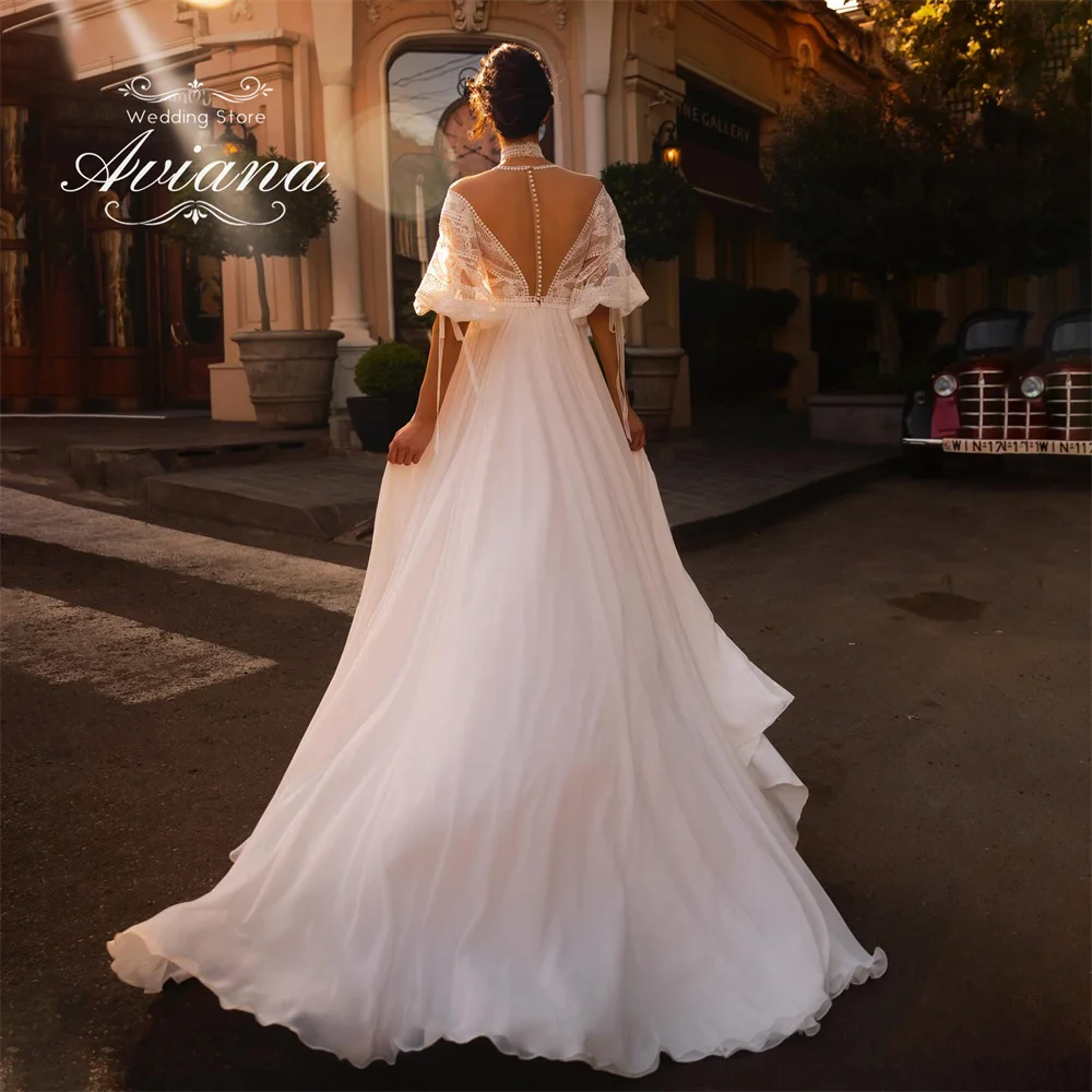 Aviana Customized Lace Embroidery Half Flare Sleeve A-line Wedding Dress O-Neck Floor Length Elegant Charming Design Backless