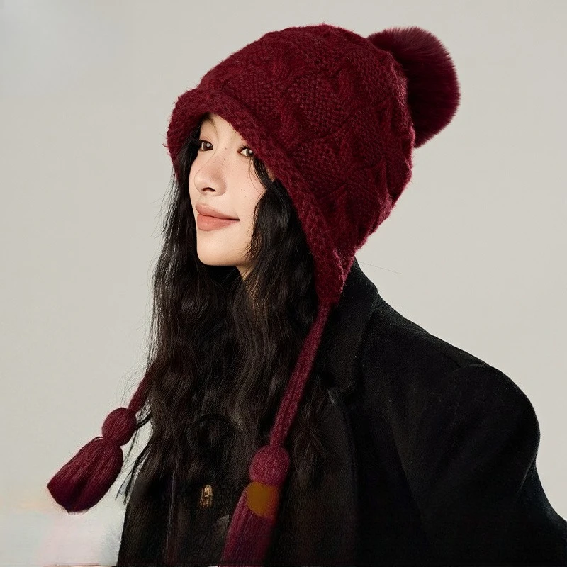 Knitted Hat Korean Solid Color Fringed Hairball Wool Hat Xiaohongshu Internet Celebrity Fashion Show Face Small Ear Protection