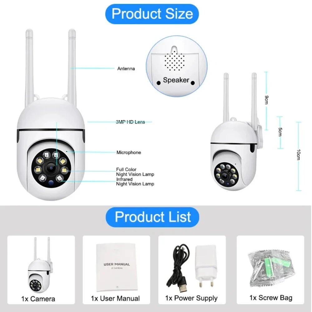 8MP WiFi Security Camera 2.4G Home Surveillance with PTZ IR Night Vision Motion Detection Child Monitoring 2 Antennas