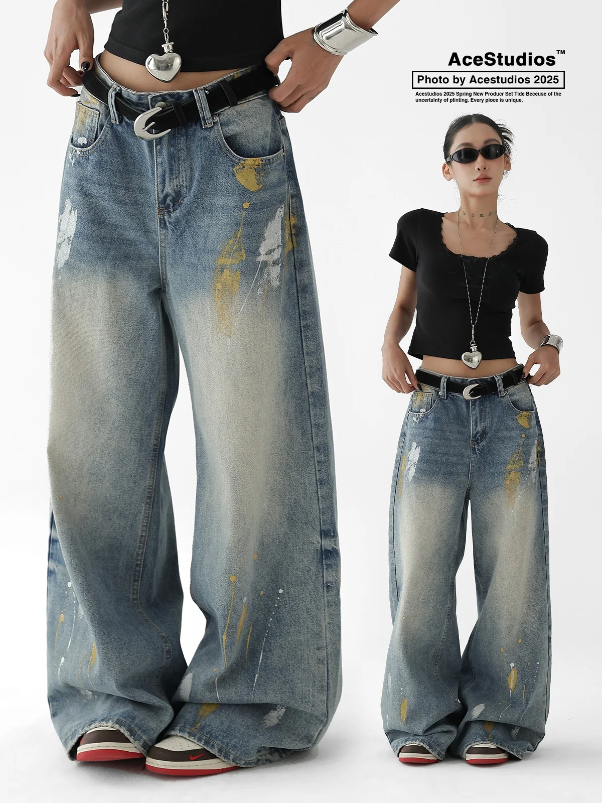 

Джинсы Acestudios High Street в американском ретро-стиле, свободные, прямые, широкие, из денима, повседневные, с застежкой-молнией, синие