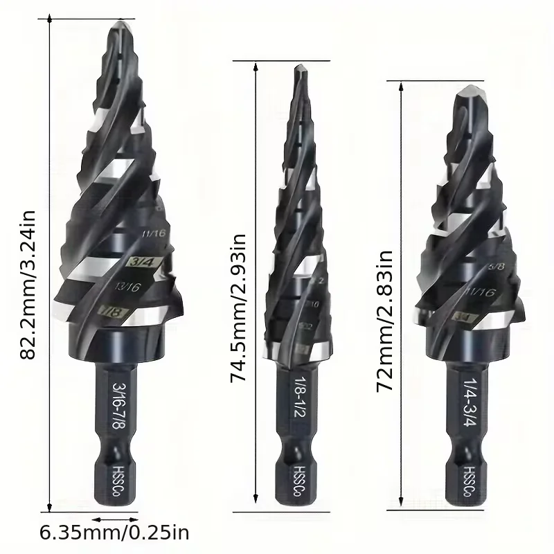 HSS Step Drill Bits Set, Spiral Groove Unibit Drill Bits for Hole Enlarging in Thin Metal Sheet Wood PVC
