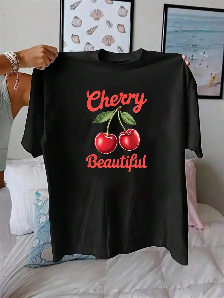 Womens Plus Size Cherry Print Short Sleeve Tee Casual Knitted T-Shirt