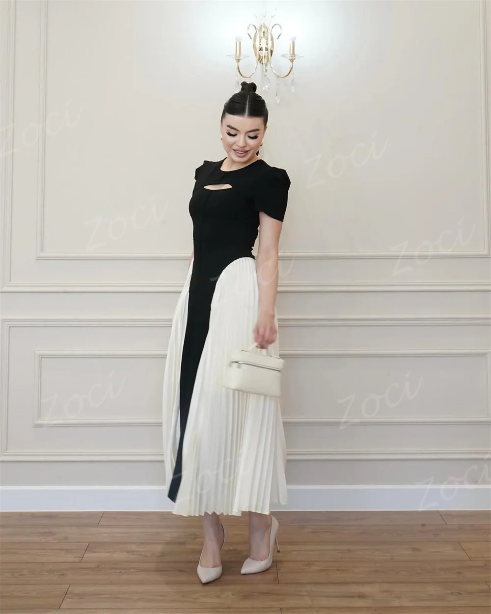 Zoci Semplice Piega A Line Abiti da ballo Manica corta Personalizzato Abito da sera da donna Abito da sera per occasioni formali bianco nero