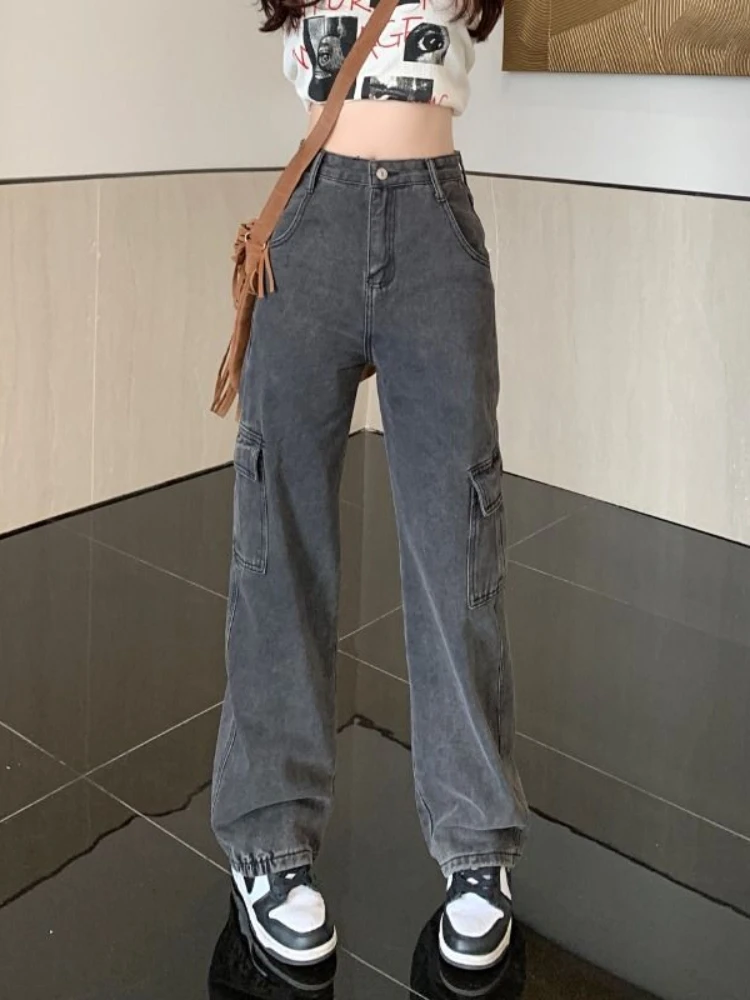 Imagem -03 - Cintura Alta Tiro Cinza Calças de Carga Calças de Perna Reta para Mulher com Bolsos Jeans Feminino um Verão Emo Loosefit Grunge Y2k r z