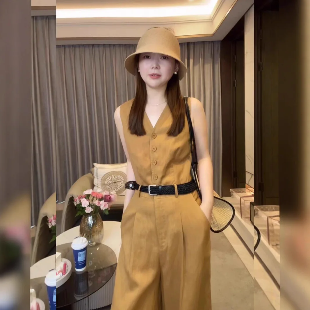 

Sli цельные брюки с v-образным вырезом и поясом, женские летние новые элегантные женские дизайнерские длинные брюки на пуговицах с высокой талией из полиэстера