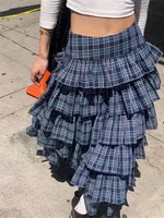 Japanese Style Plaid  Midi Skirt Women Ruffles Patchwork Pleat Cake Skirts Korean Fashion Harajuku Vintage Streetwear Skirt 2024