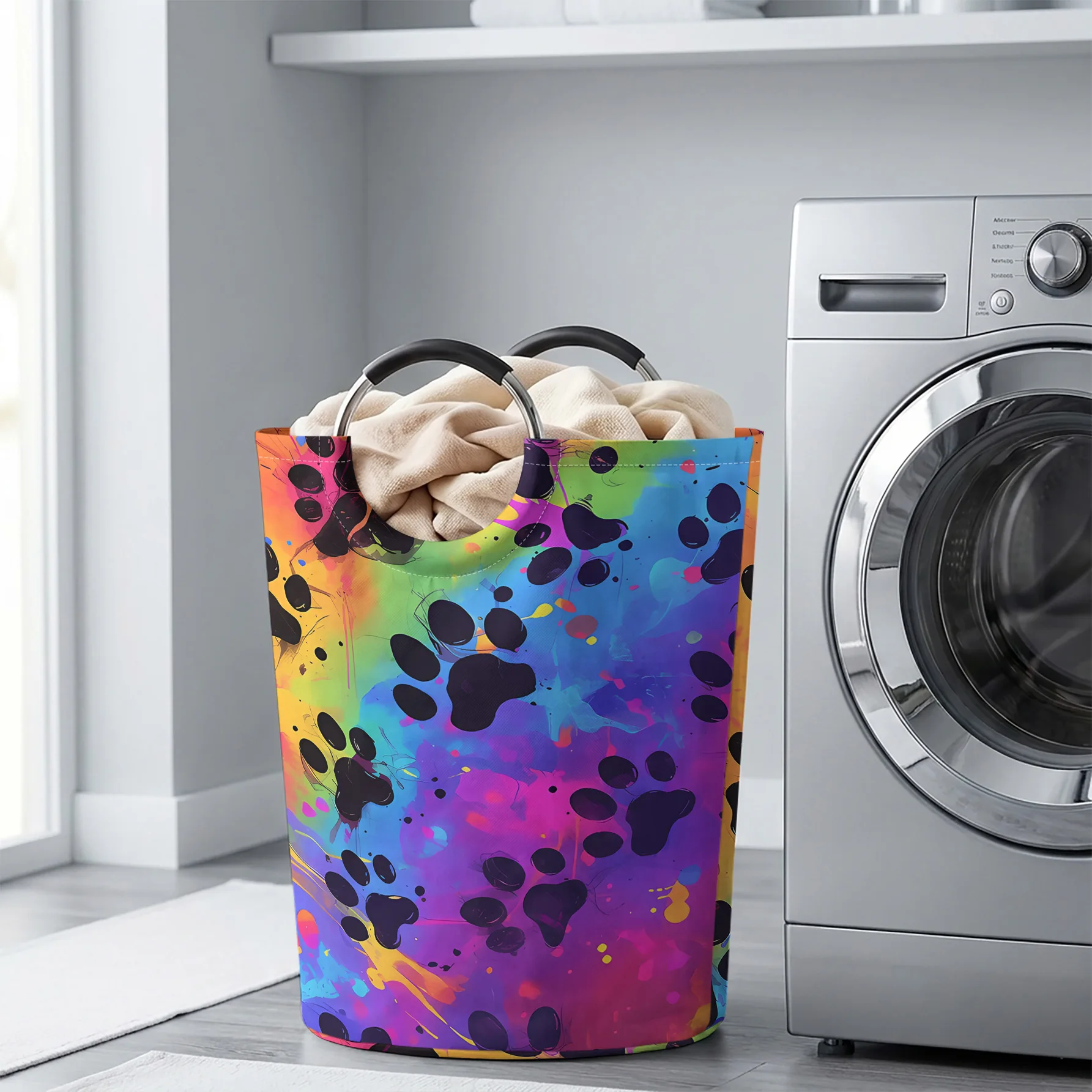 Colorful Splash Paint Pet Paw Print Full Print Handheld Storage Basket, For Laundry, Bedroom & Home Sundries Storage