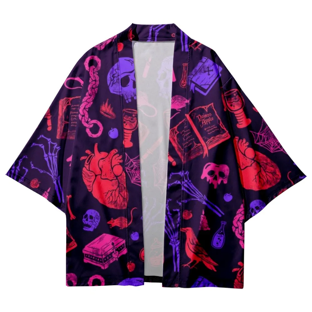 

Streetwear Cardigan Haori Fashion Skeleton Print Cosplay Kimono Japanese Style Women Men Beach Yukata Halloween Tops 2022