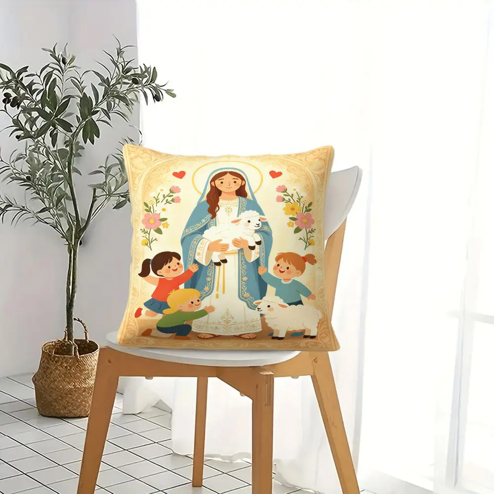 Virgin Mary Lamb Floral Print Throw Pillow Cushion Accent Pillow 45×45cm Includes Pillow Core HD Print Religious Decor