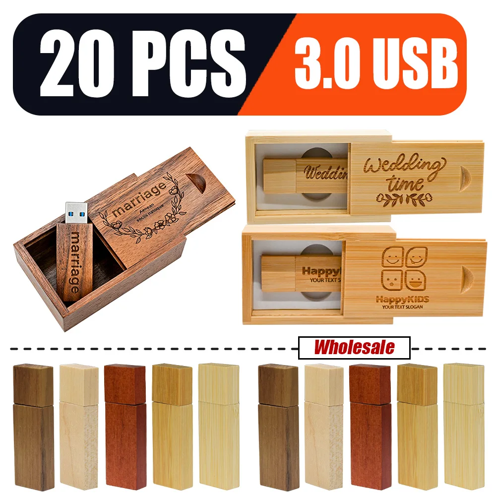 20PCS LOT USB3.0 Flash Drive 128GB Free Custom Logo Memory Stick 64GB Walnut Wood High Speed Pen Drive 32GB Creative Gift U Disk