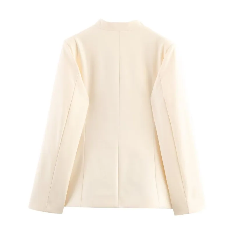 Ladies' Collarless Slim Fit Casual Suit Jacket Autumn Solid Long Sleeved Pockets Decoration Single Button Women's Tops