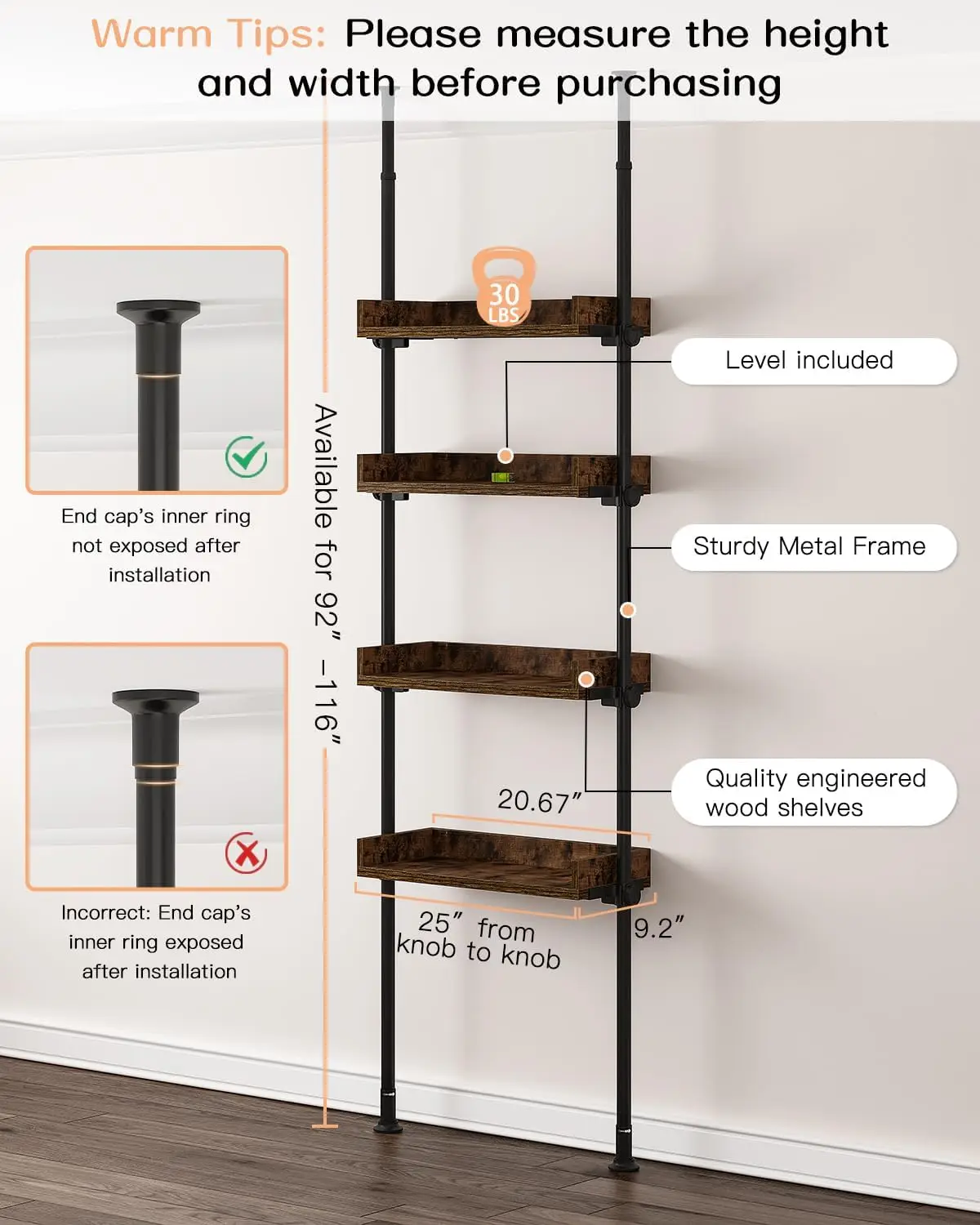 ALLZONE Bathroom Organizer, Over The Toilet Storage, 4-Tier Adjustable Wood Shelves for Small Rooms, 92-116