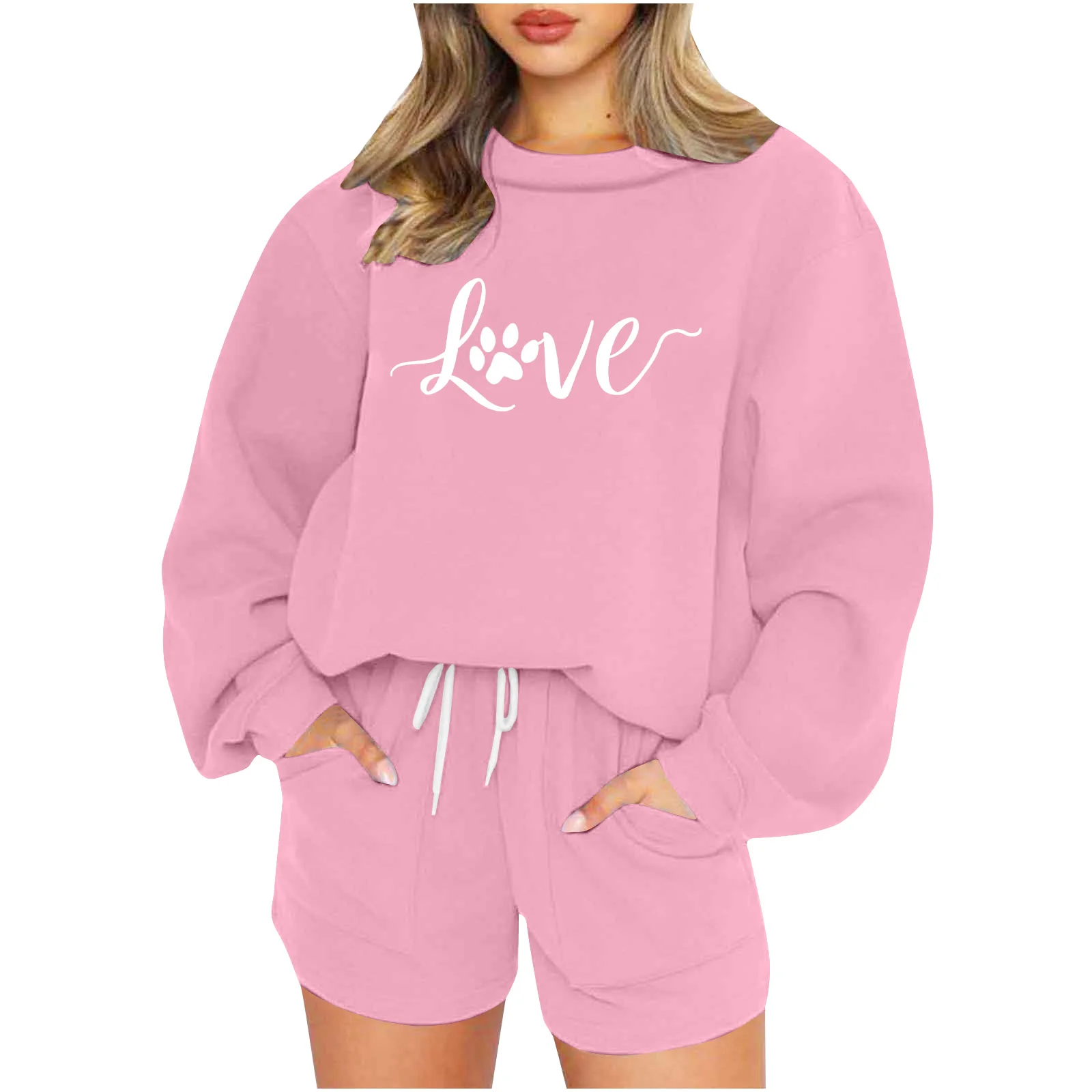 Valentine's Day Love Print Two Piece Set Women Fashion Trendy Pullover Sweatshirt Drawstring Shorts 2 Piece Sets Lady Autumn New