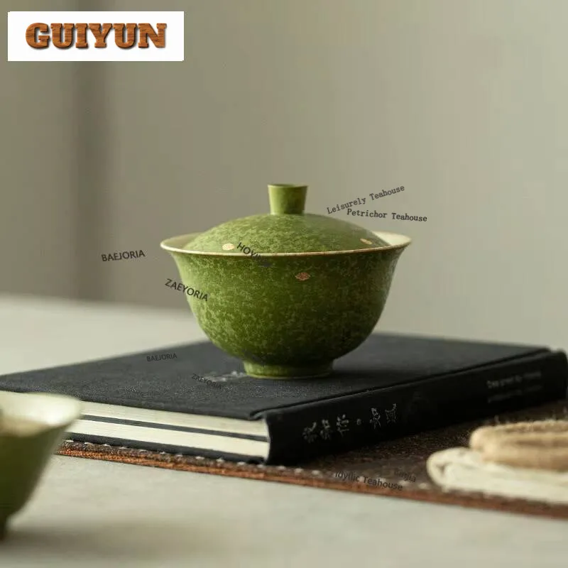 110ml Citrus Green Hand-painted Fish Play Lotus Leaf Gaiwan Zen Tea Tureen Tea Bowl With Lid Kit Tea Making Cover Bowl Cha Craft