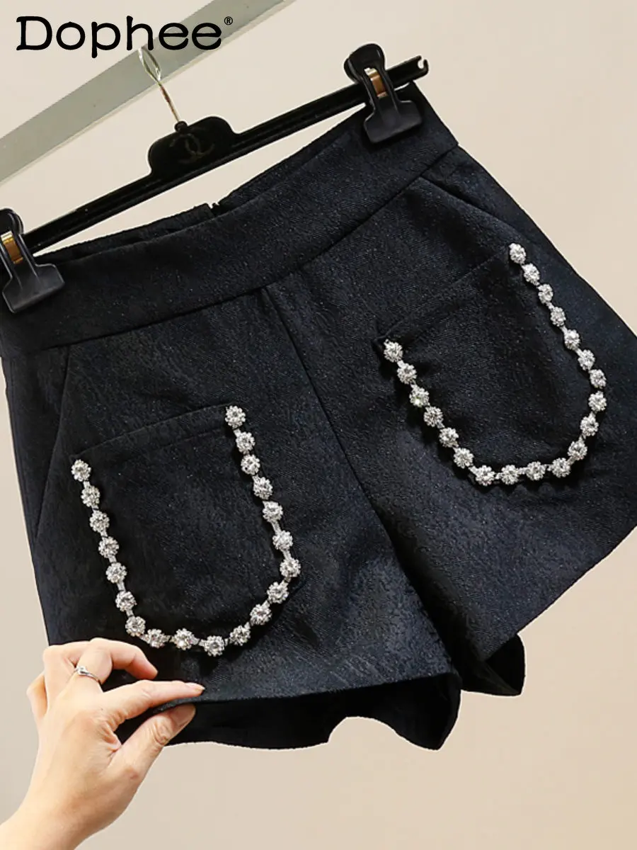 Exquisite Rhinestone Double Pocket A- Line Wide Leg Casual Shorts for Women Summer Korean High Waist Slimming Black Short Pants