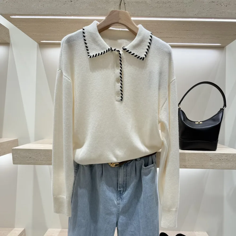 High-End Version European Sle Casual Long Sve Knitted irt Collar Women's Autumn Winter White Stitching Design Faion