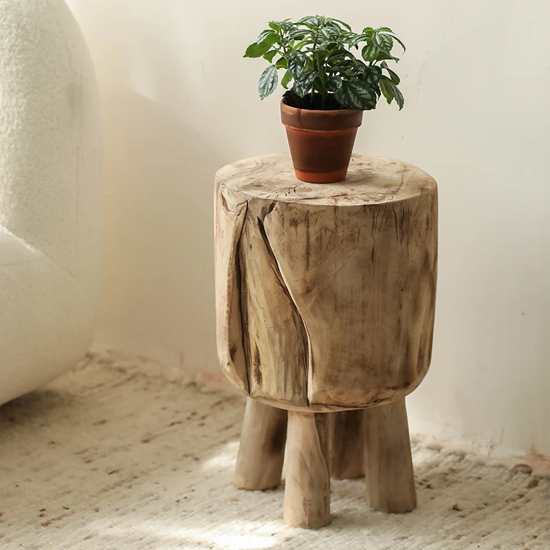 Simple log low stool, wabi-sabi style four-legged small stool,