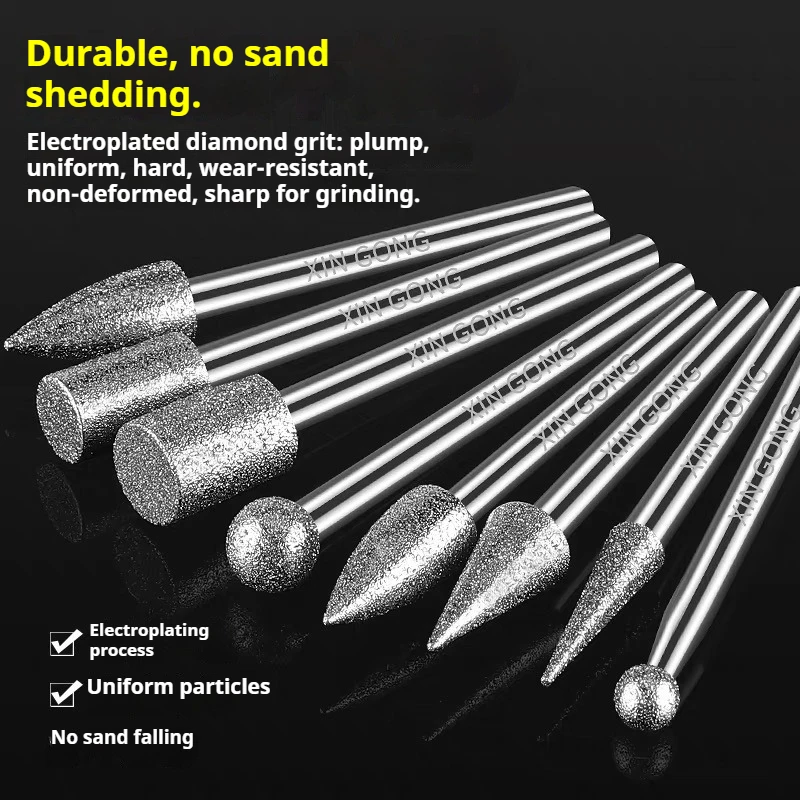 High Grade Small Diamond Burr 3mm Shank 45mm Length Grinding Tool for Metal Jade Emerald Glass Tile Stone