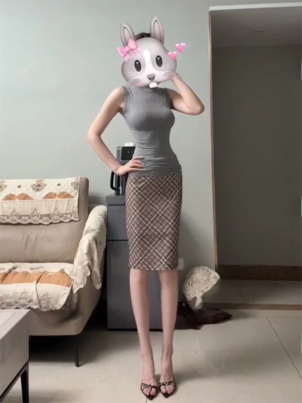 Pure Desire Hong Kong Style Retro High Waist A-Line  Skirt Women's Summer Design Unique Plaid Wrap Body Skirt