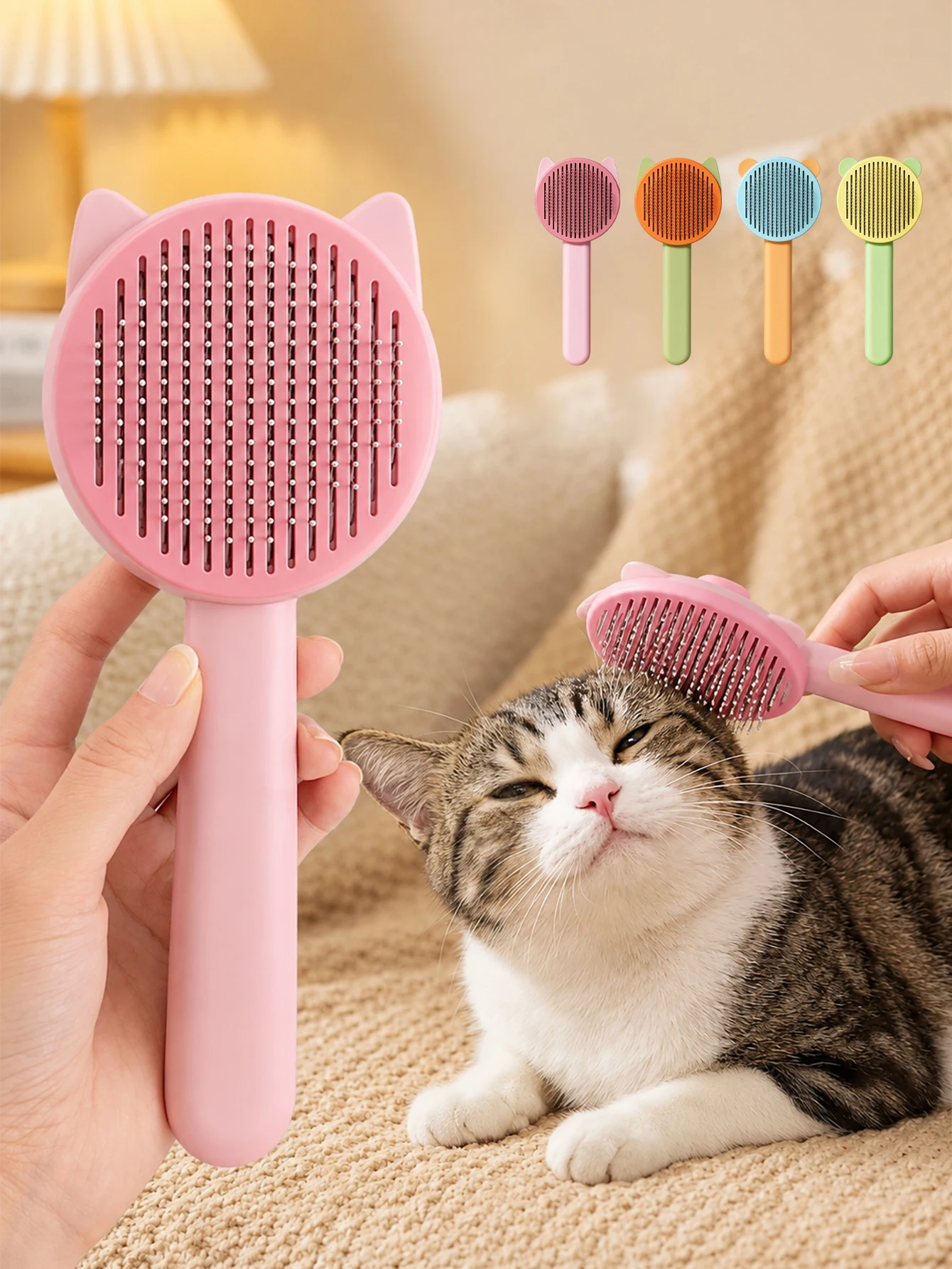 Self-Cleaning Slicker Brush, Cute Cat Ear Pet Grooming Brush, One-Touch Hair Removal Comb for Cats and Dogs, Pet Hair Removal Tool with Massage Function