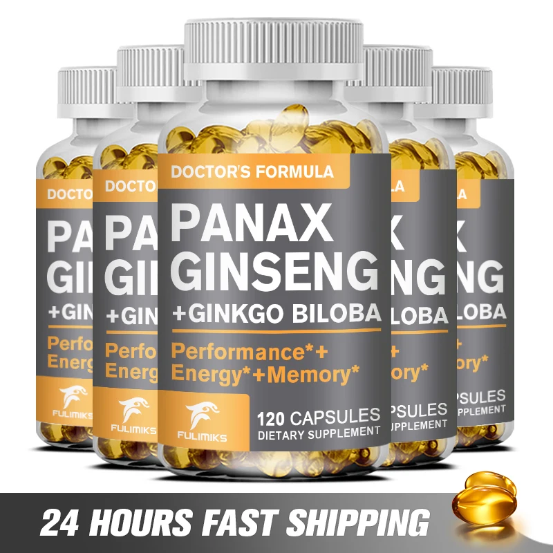 Vegan Korean Red Panax Ginseng with Ginkgo Biloba Capsules High Potency for Male Natural Health Supplement - Non-GMO-Gluten-free