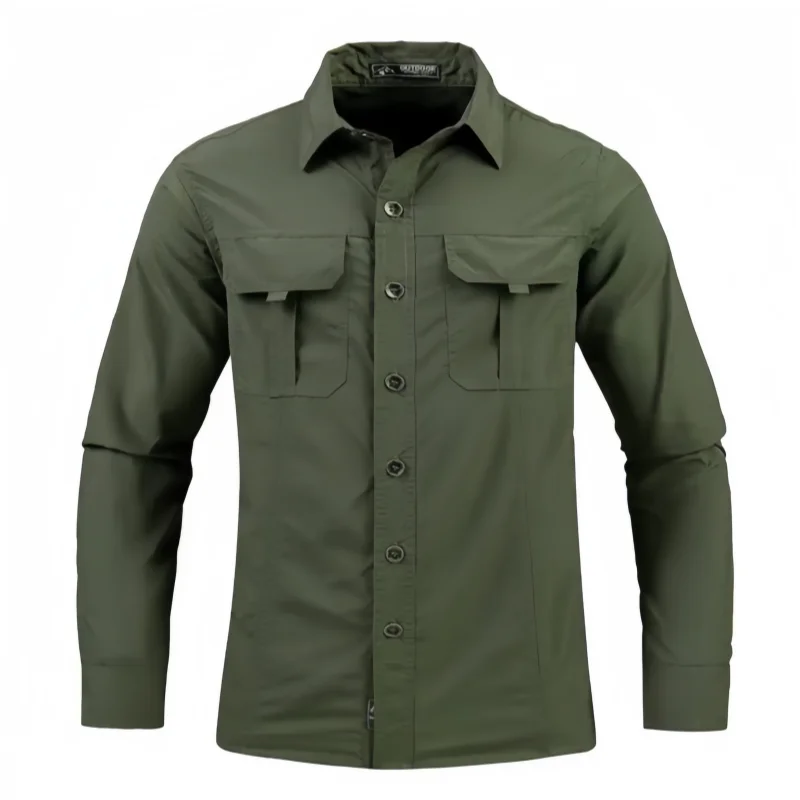 Outdoor Men's Long-Sleeved Quick-Drying Shirt, Water-Repellent, Breathable, Sweat-Wicking, Tactical Work Shirt, Multi-Pocket Work Clothes