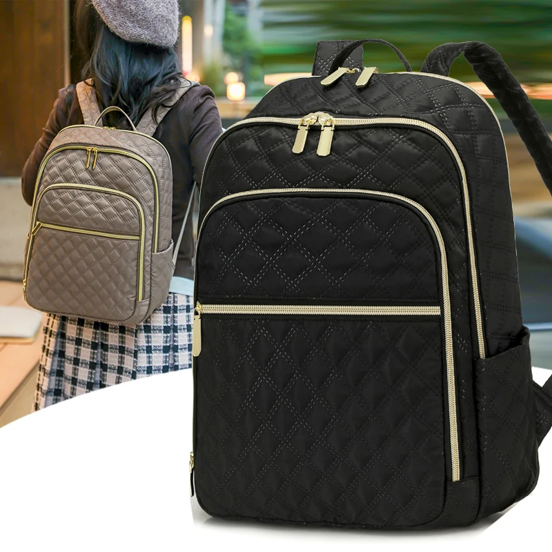 Women’s Nylon Backpack Large Capacity Fashion Diamond Quilting Laptop Backpack Casual Travel Daypack Lightweight Durable Bookbag