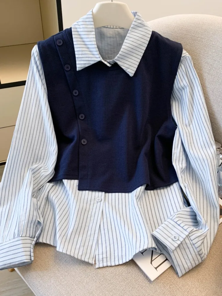 

Антивозрастной облегающий полосатый вязаный жилет с воротником-стойкой, женский комплект из двух предметов: рубашка и жилет, оригинальный дизайн, весна-осень