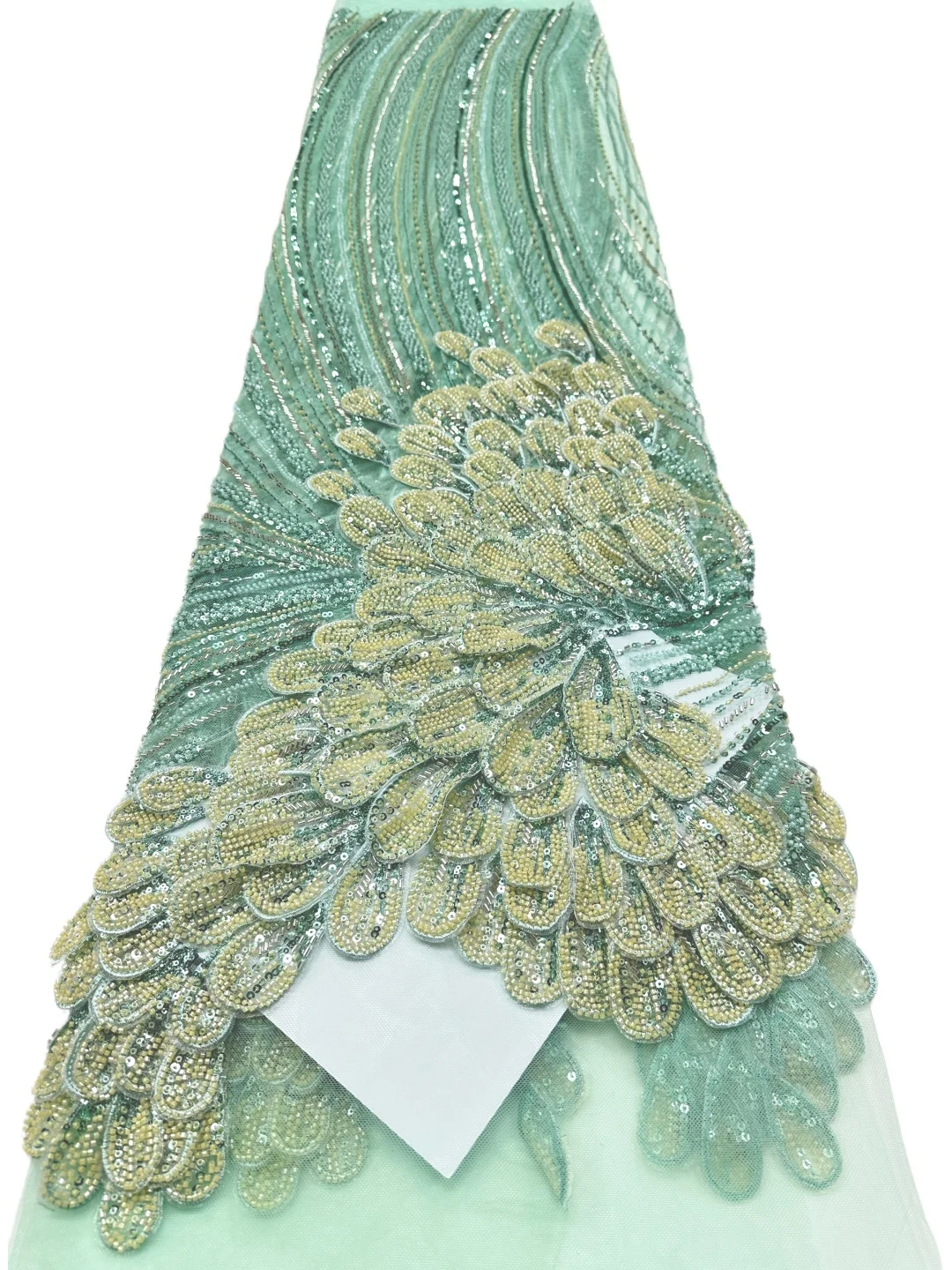 2026 Luxury African French Lace Fabric with Sequins Beads Green Lace Fabric High Quality Nigeria For Wedding Dress AT2951