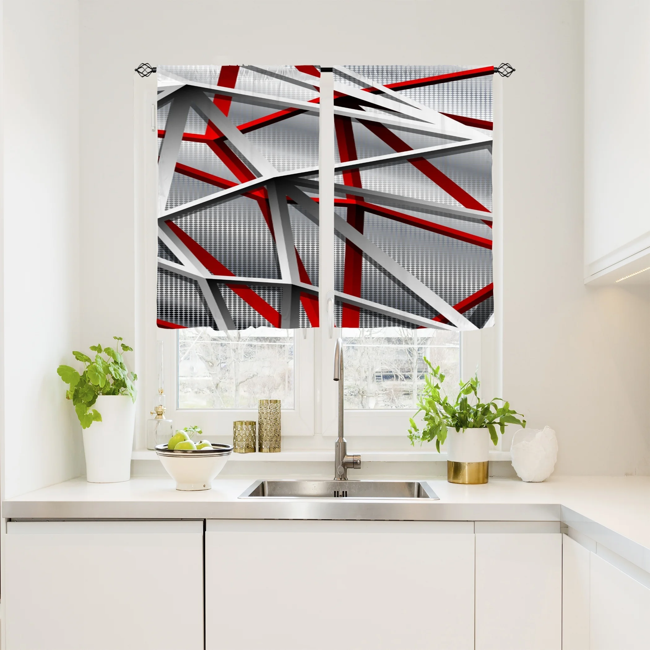2PCS Digital Printed Curtains, Red Gray Metallic Geometric Pattern, Modern Industrial Style for Living Room Office Decor