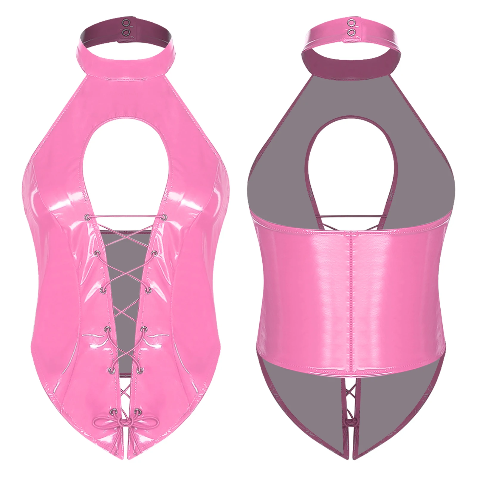 

Women Spicy PU Leather Halter Crop Top Front Lace-up Backless Sleeveless Tank Top for Lingerie Tempting Nightwear Vest Tops