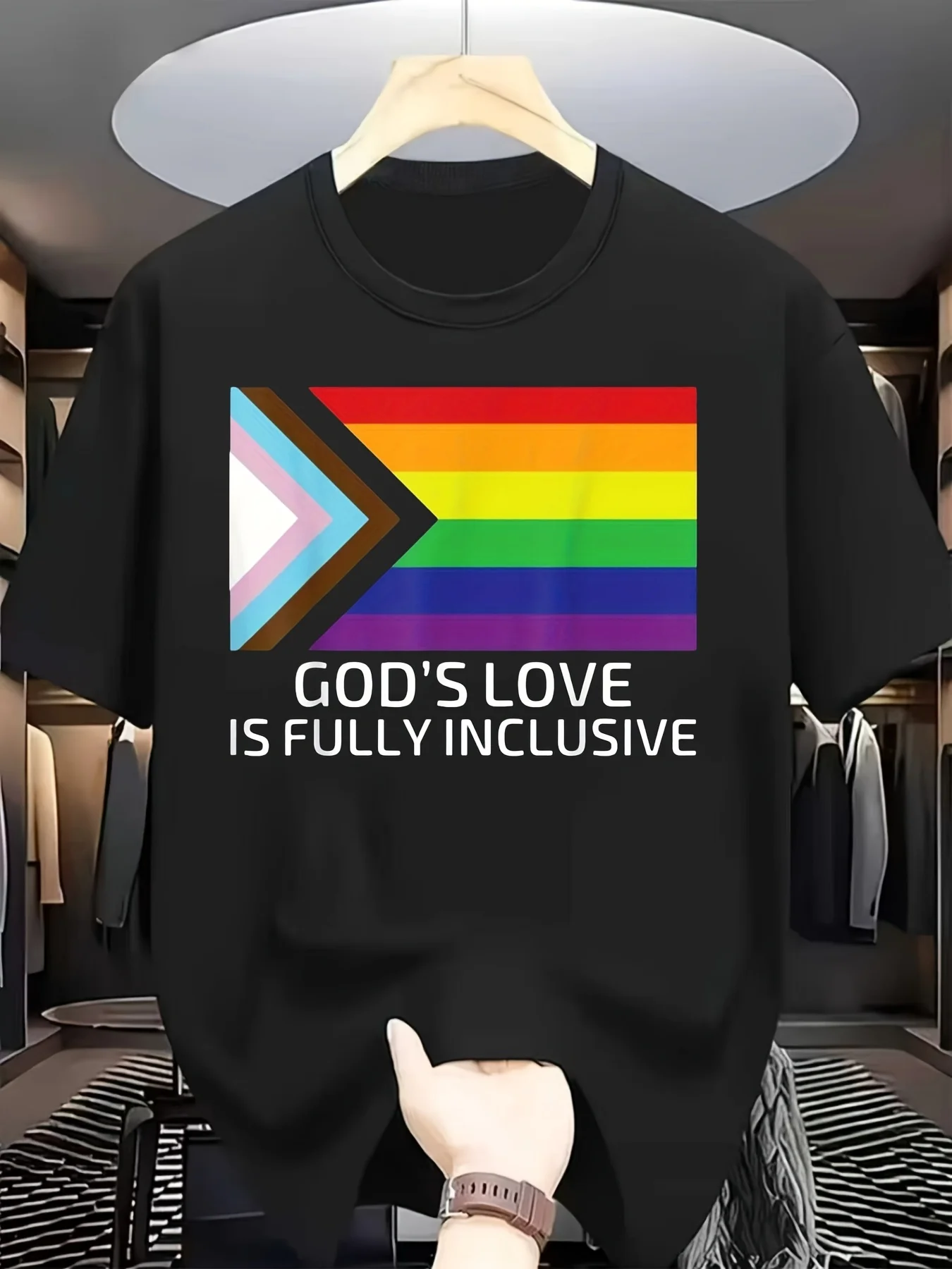 Men's God's Love Is Fully Inclusive Lgbtqia+ Pride Christian Tshirt Black Regular Fit Casual Tee with Rainbow Cross Design for Beach Parties Outdoor Activities Faithbased Supp (1)Plus Size Retro Casual Round Neck Printed T-shirt Unisex, PLUS SIZE