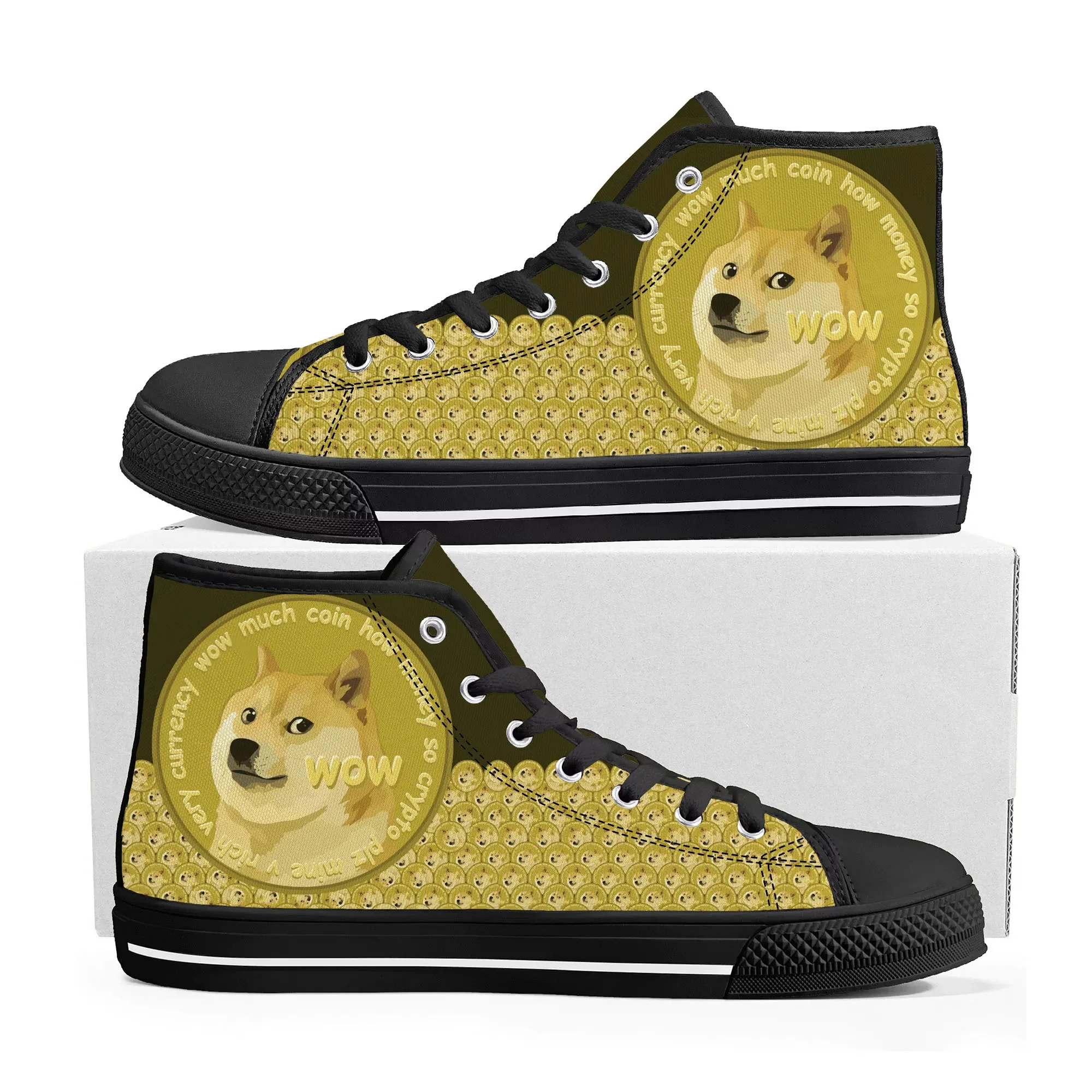 Dogecoin Crypto Currency Dog Coin High Top Sneakers Mens Womens Teenager Canvas Sneaker Casual Couple Shoes Custom Shoe