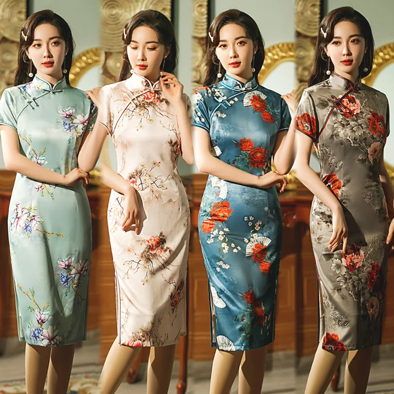 

2022 Summer New Cheongsam Retro Slim Fashion Daily Improvement Medium Silk Girl Qipao Dress Evening Dress Chinese Style