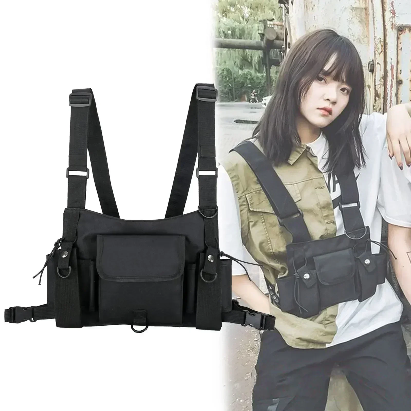 Black Chest Rig Bag Multifunctional Tactical Kanye West Chest Bag Tactical Harness Hip Hop Vest Streetwear Bag Casual Waist Pack