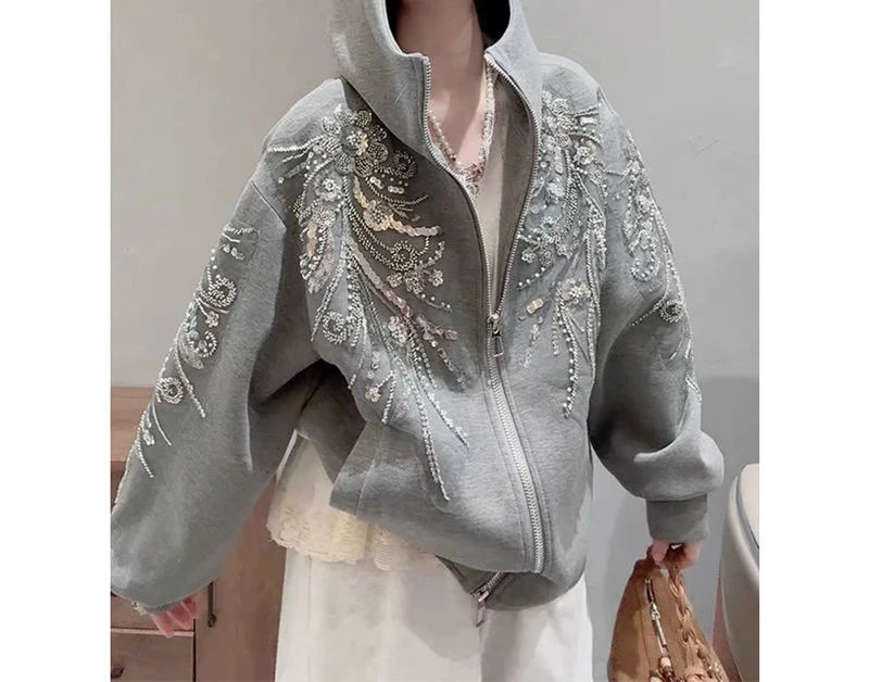 

Glitter Hooded Sweatshirt Jacket for Spring New Style Versatile and Solid Color Top